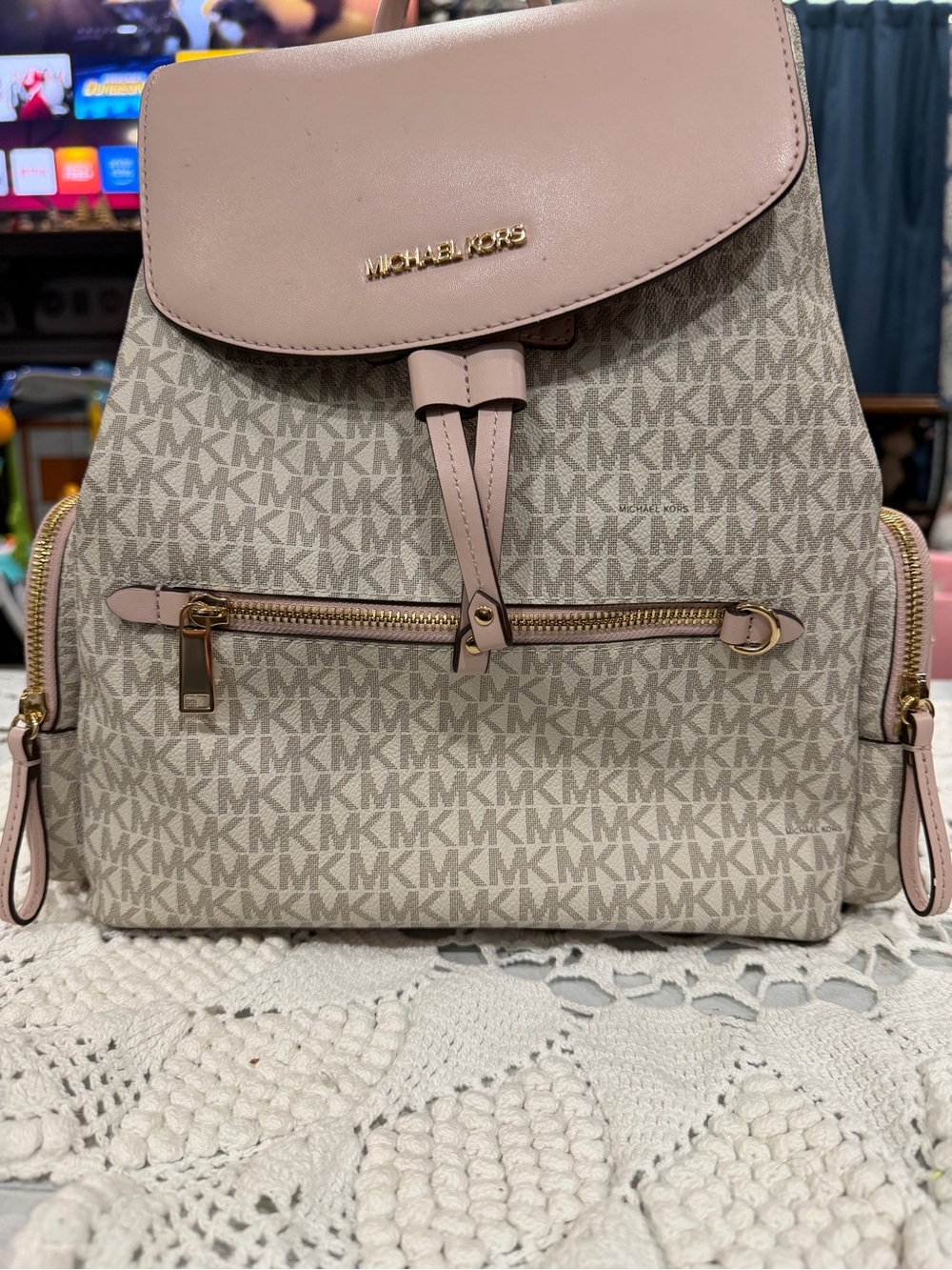 Michael Kors Pink and Beige Signature MK Logo Backpack
